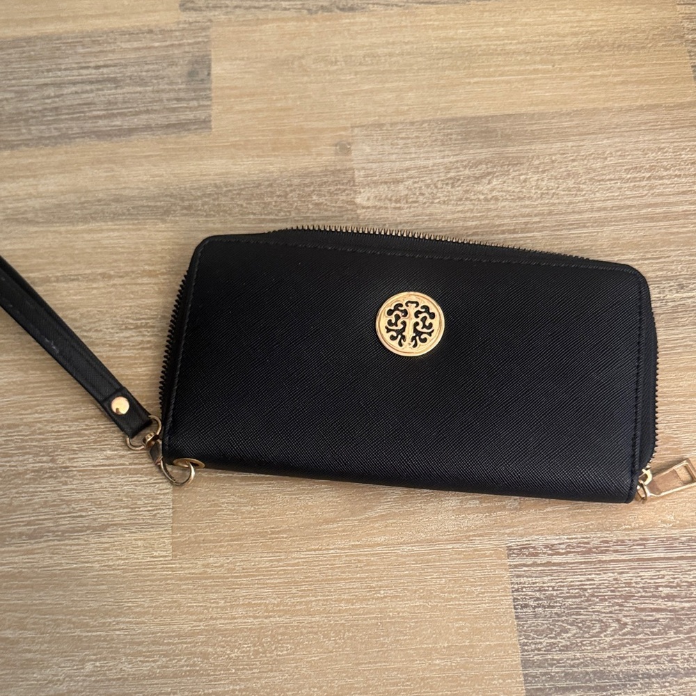 tory burch Black Wallet with Gold Accents